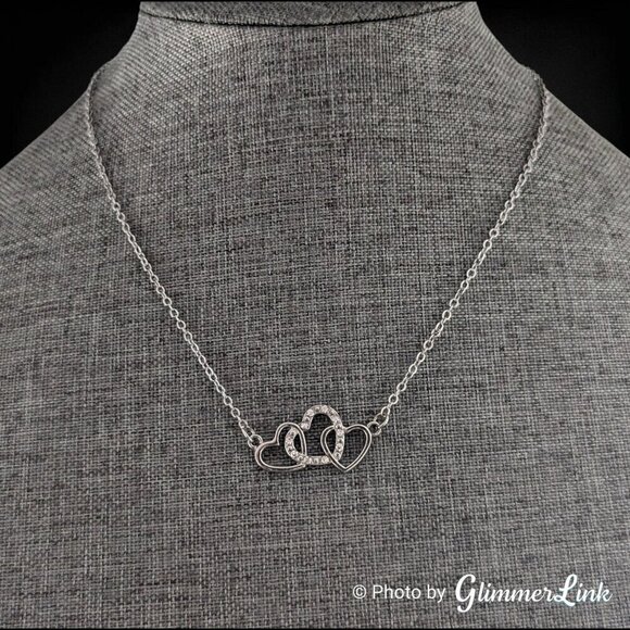 Triple Interlocked Heart Rhinestone Silver Tone Pendant Necklace - Picture 3 of 11